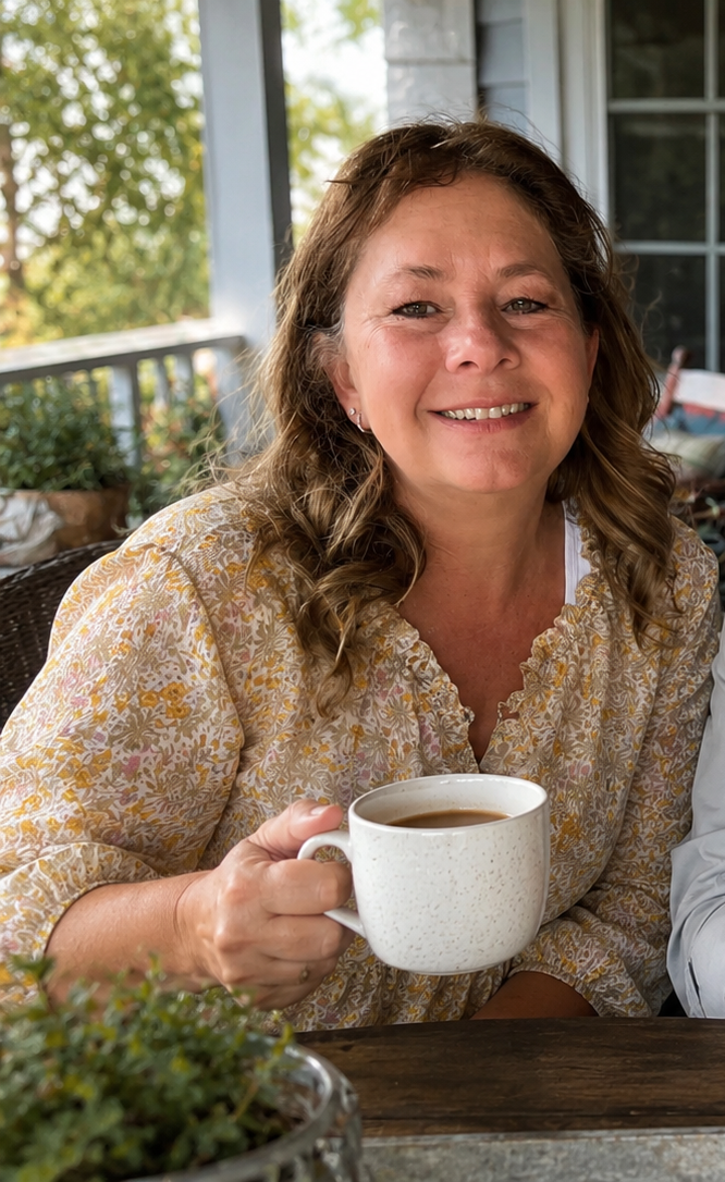 Angela smiling with a mug of coffee on a sunny front porch