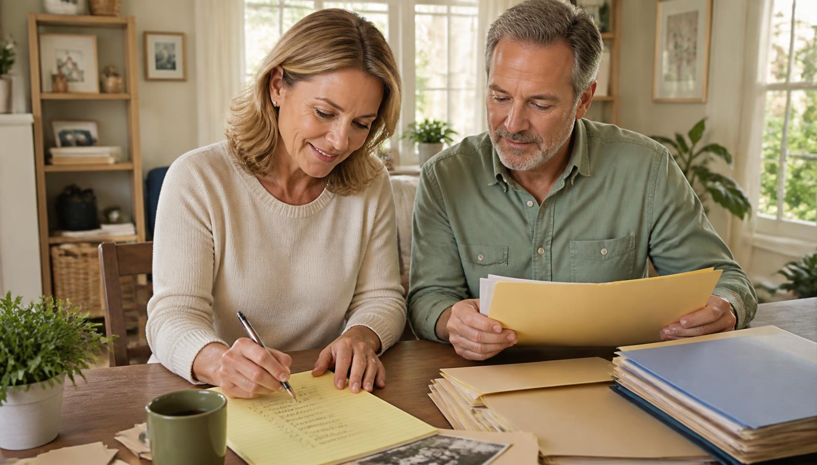 A couple in their late fifties organizing old employment folders and checking items off a handwritten retirement planning list